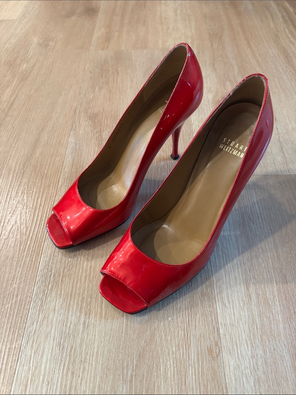 Stuart Weitzman Red Patent Peep-Toe Stilettos